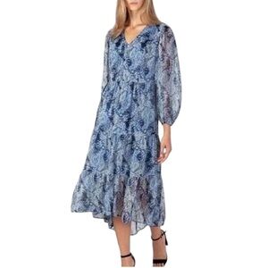 Joie Blue Parisian Paisley Midi Dress w/ Tiered Skirt & Peasant Sleeves - Small